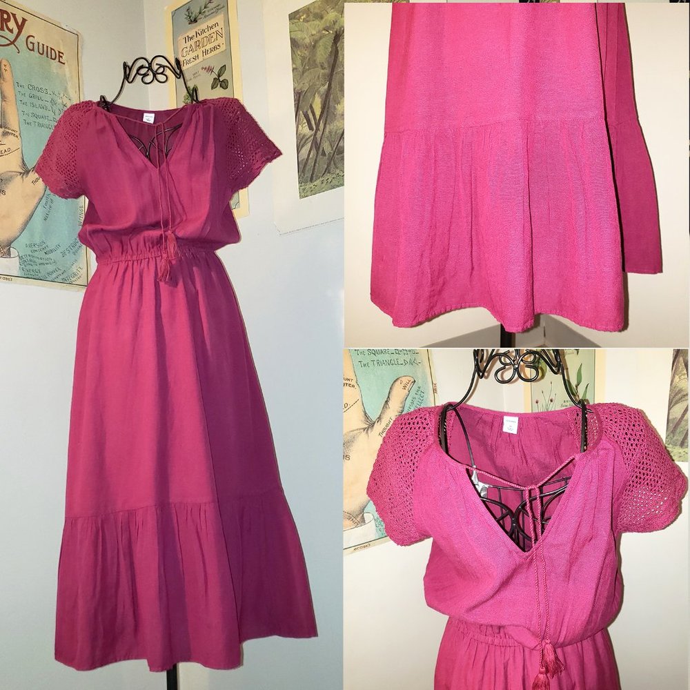 SOLD Y2K Vintage Fuschia Burgundy Cotton Gauze  Boho Crochet Midi Dress XS